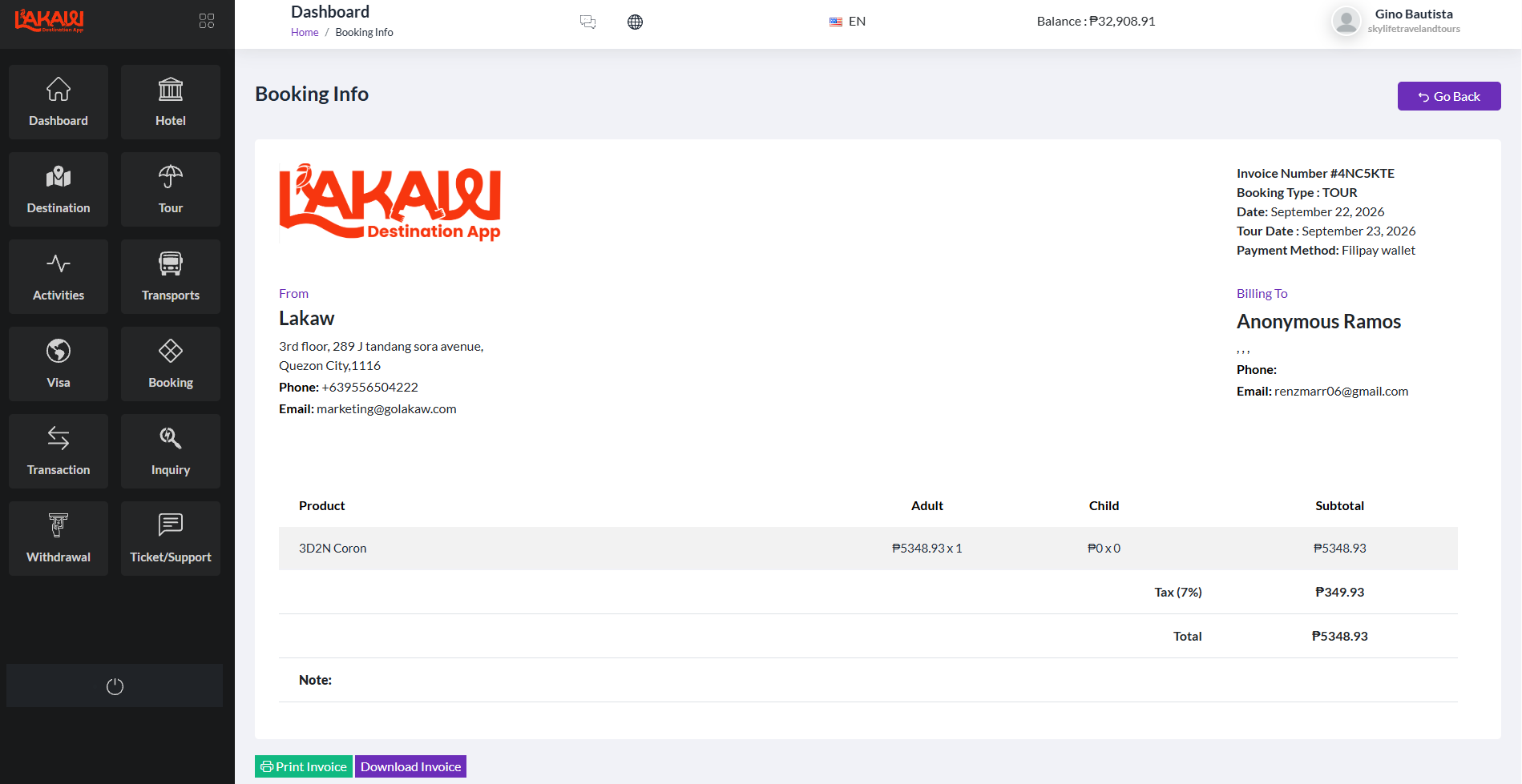 Booking invoice inside the portal