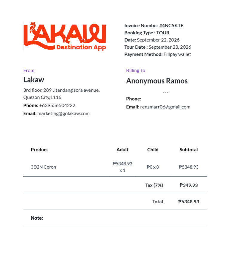 Printable booking invoice