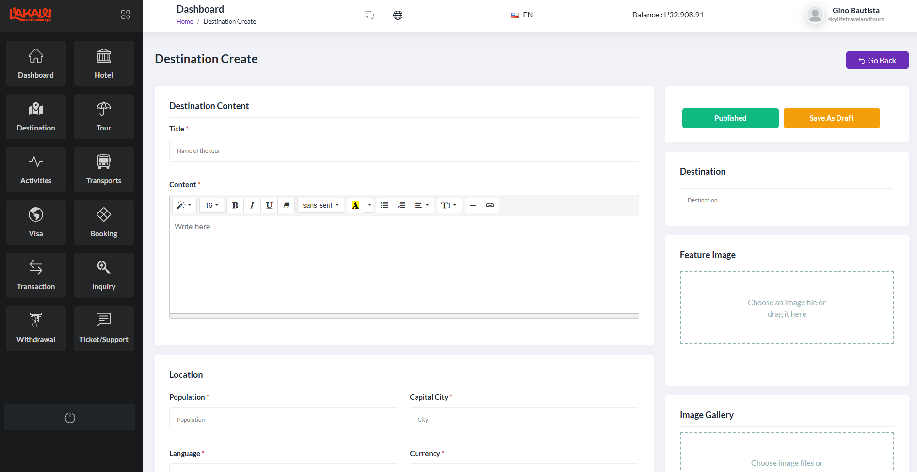 Create destination form
