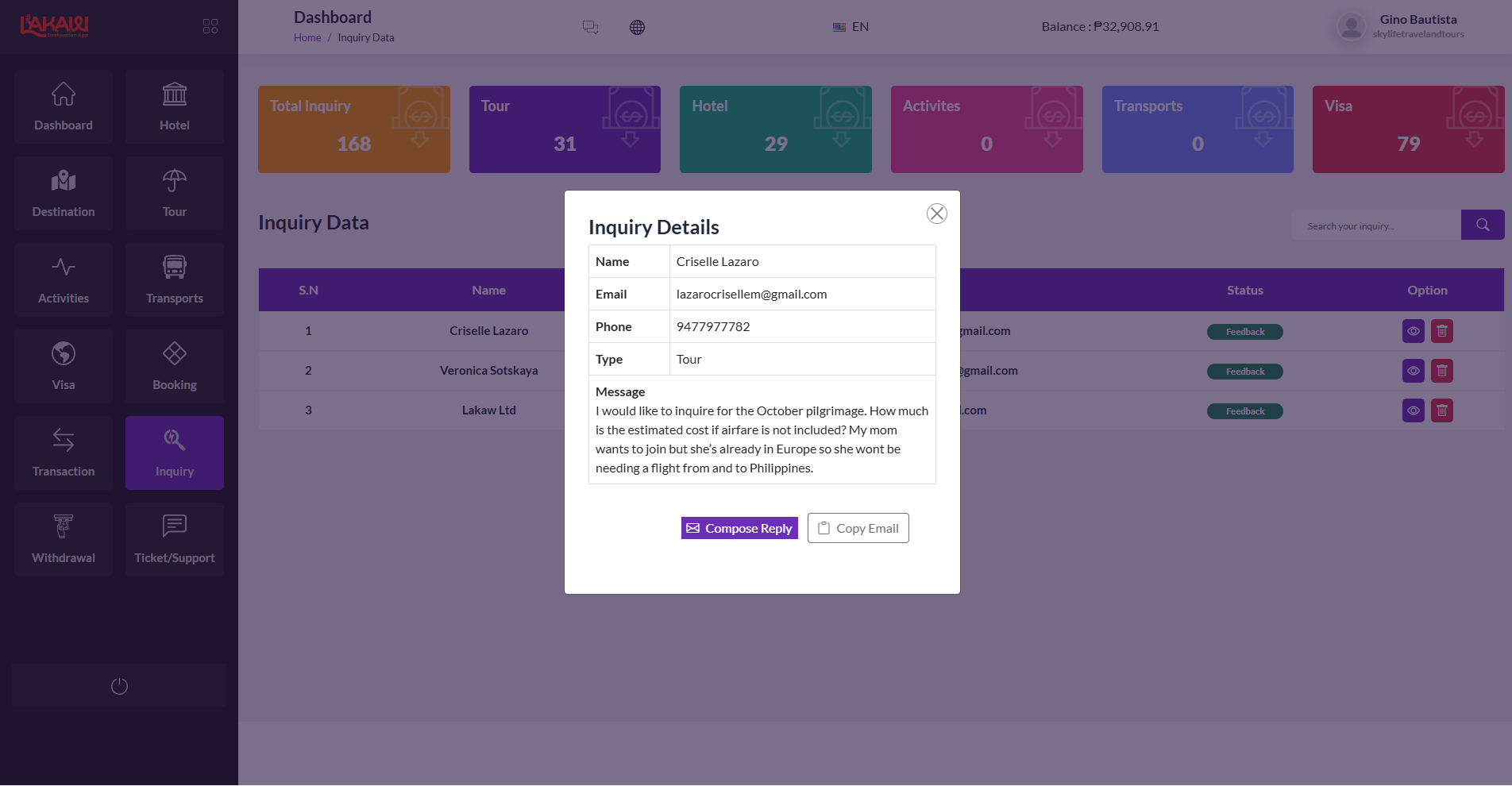 Inquiry details dialog